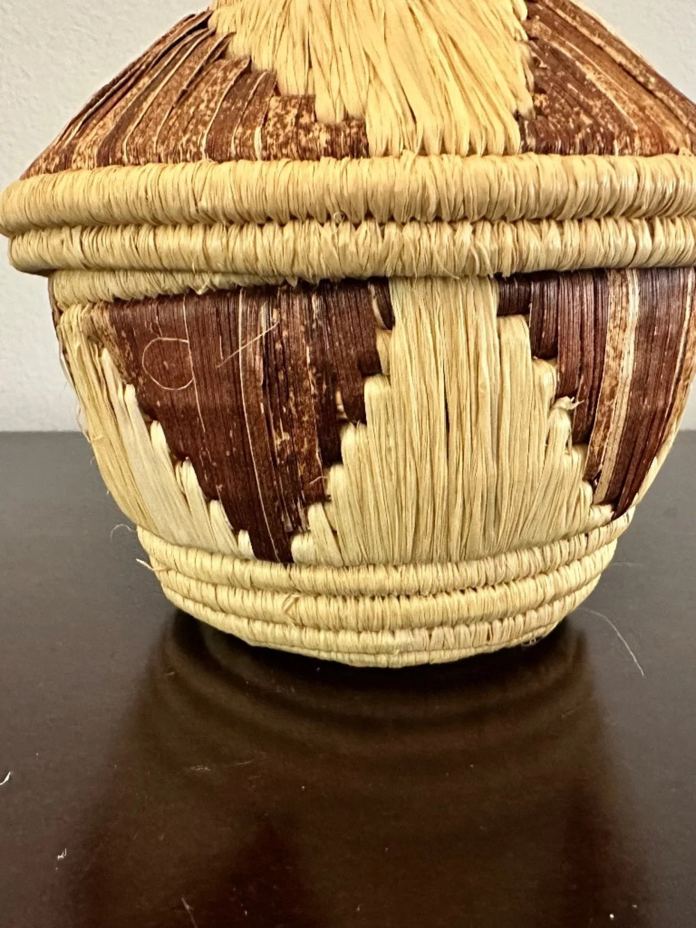 Vintage Coiled Lidded Handwoven Raffia Basket African Tribal 6” Decorative
